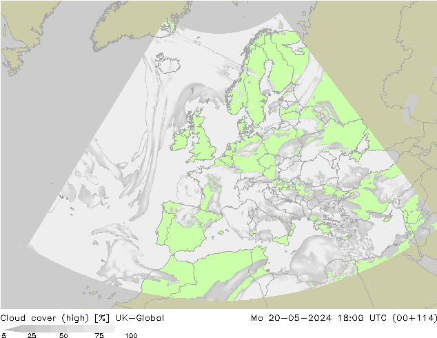 Cloud cover (high) UK-Global Mo 20.05.2024 18 UTC
