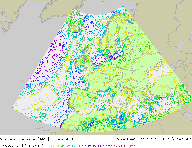 Isotachen (km/h) UK-Global Do 23.05.2024 00 UTC