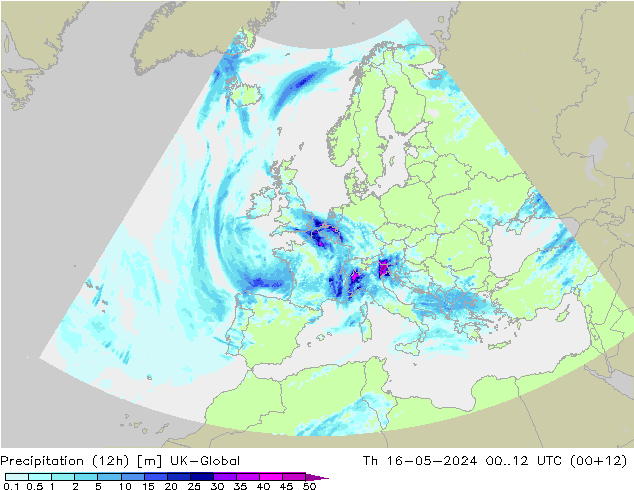 Precipitation (12h) UK-Global Čt 16.05.2024 12 UTC