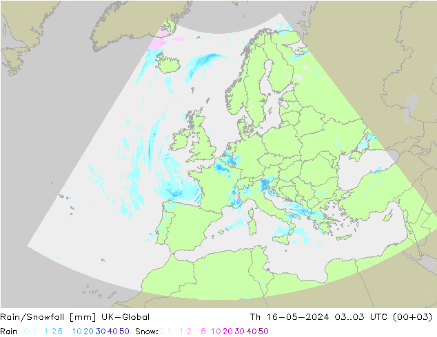 Rain/Snowfall UK-Global gio 16.05.2024 03 UTC