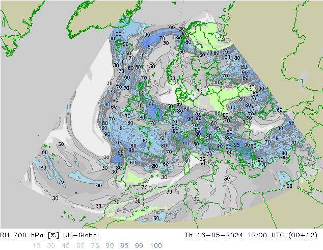 Humidité rel. 700 hPa UK-Global jeu 16.05.2024 12 UTC
