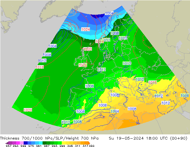 Thck 700-1000 hPa UK-Global nie. 19.05.2024 18 UTC