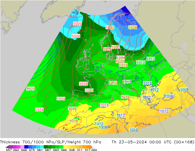 Thck 700-1000 hPa UK-Global gio 23.05.2024 00 UTC