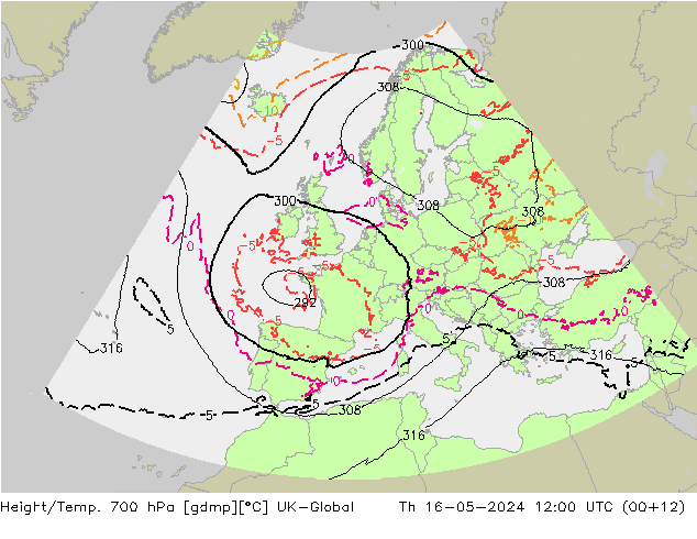 Height/Temp. 700 hPa UK-Global Th 16.05.2024 12 UTC
