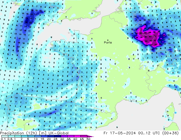 Precipitation (12h) UK-Global Fr 17.05.2024 12 UTC