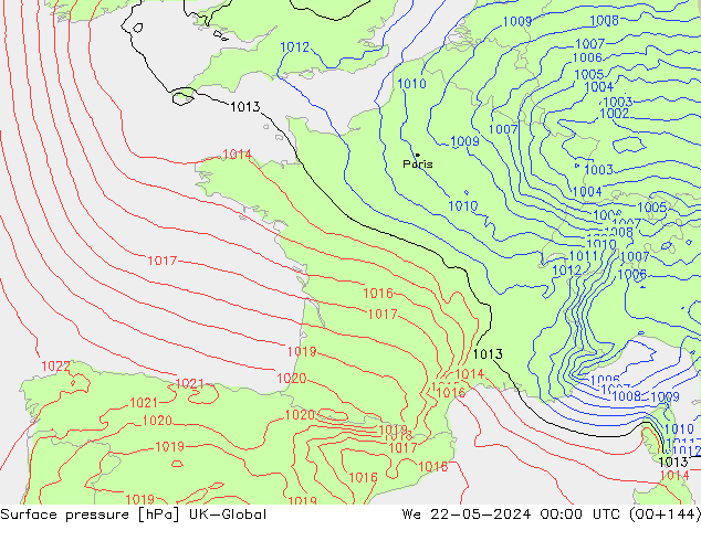 Pressione al suolo UK-Global mer 22.05.2024 00 UTC