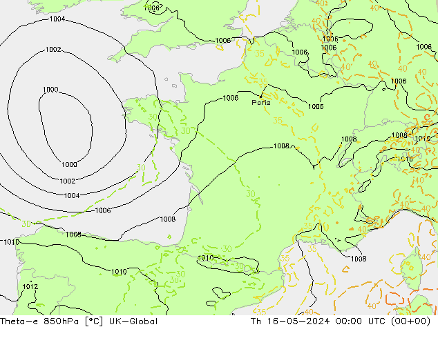 Theta-e 850hPa UK-Global  16.05.2024 00 UTC