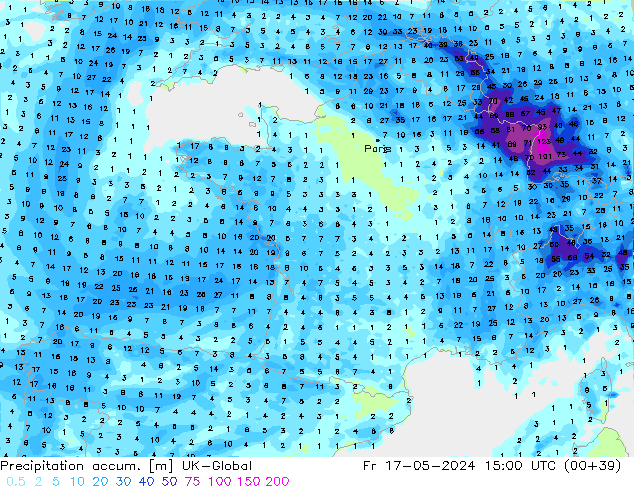Precipitation accum. UK-Global Fr 17.05.2024 15 UTC