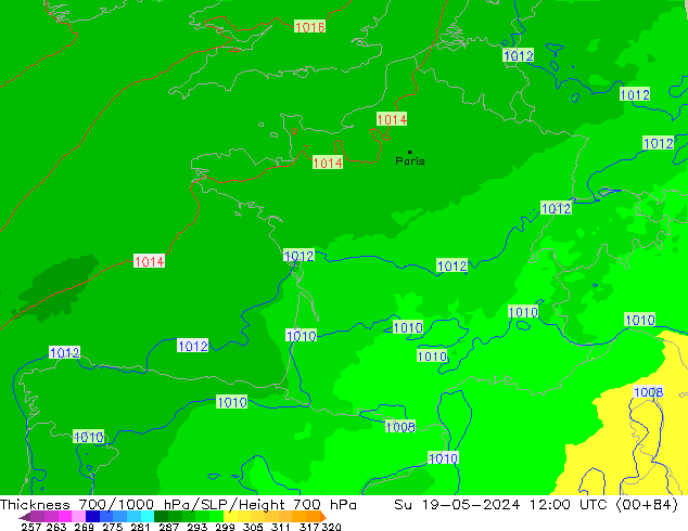 Thck 700-1000 гПа UK-Global Вс 19.05.2024 12 UTC