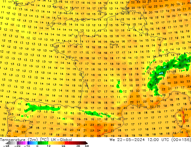 mapa temperatury (2m) UK-Global śro. 22.05.2024 12 UTC