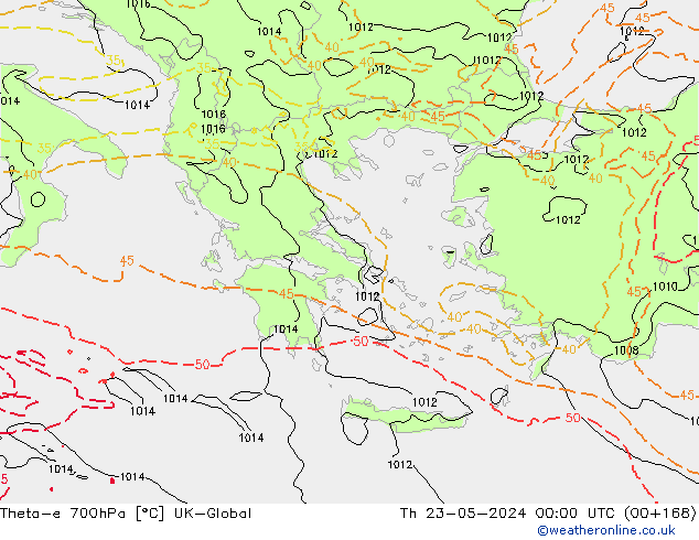 Theta-e 700hPa UK-Global Qui 23.05.2024 00 UTC