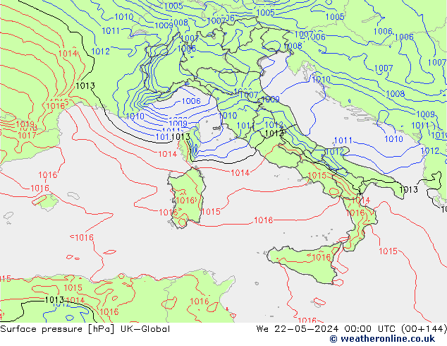 Pressione al suolo UK-Global mer 22.05.2024 00 UTC