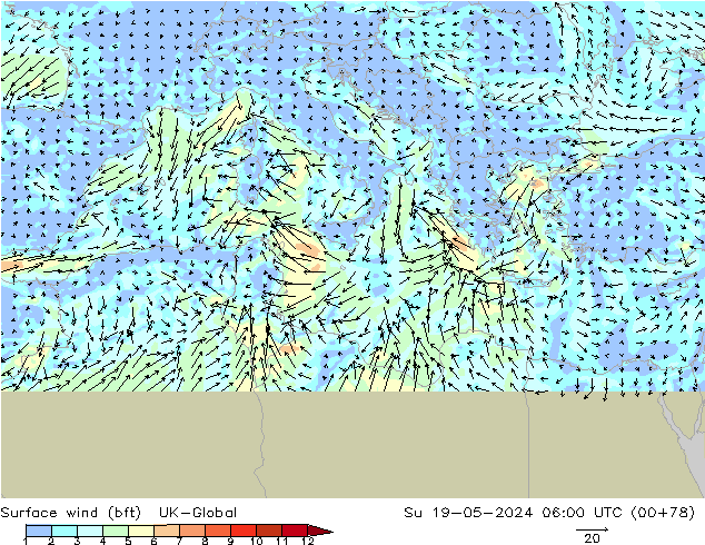 Surface wind (bft) UK-Global Su 19.05.2024 06 UTC