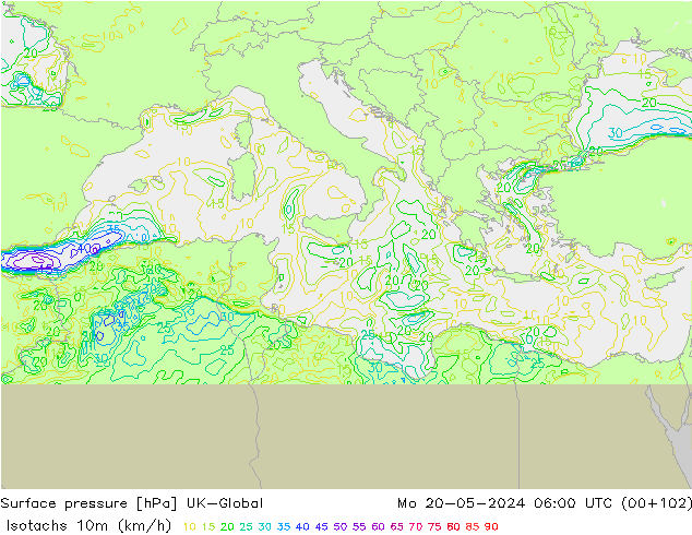Izotacha (km/godz) UK-Global pon. 20.05.2024 06 UTC