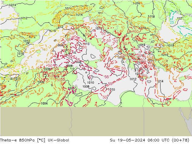 Theta-e 850hPa UK-Global Su 19.05.2024 06 UTC