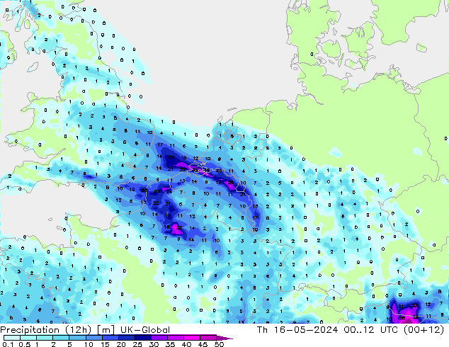 降水量 (12h) UK-Global 星期四 16.05.2024 12 UTC