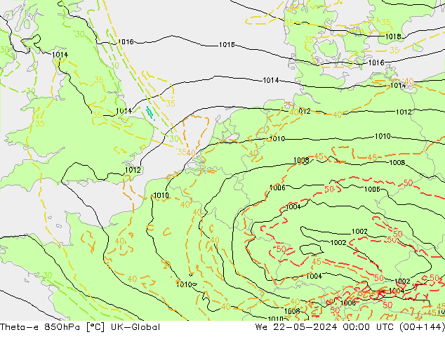 Theta-e 850hPa UK-Global Qua 22.05.2024 00 UTC