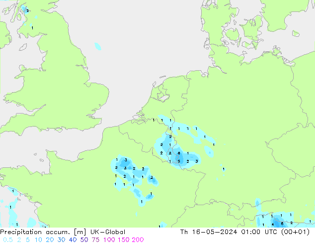 Precipitation accum. UK-Global 星期四 16.05.2024 01 UTC