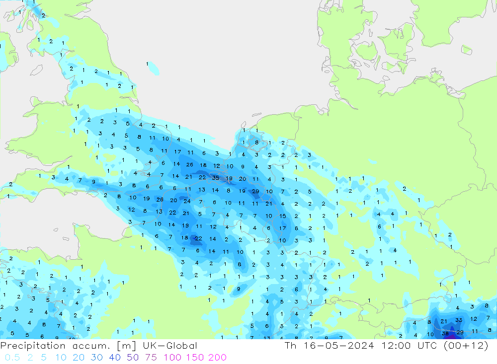 Precipitation accum. UK-Global Th 16.05.2024 12 UTC