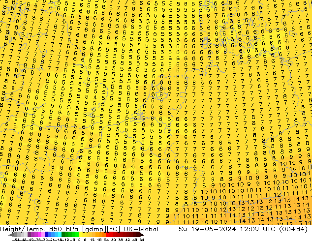 Géop./Temp. 850 hPa UK-Global dim 19.05.2024 12 UTC