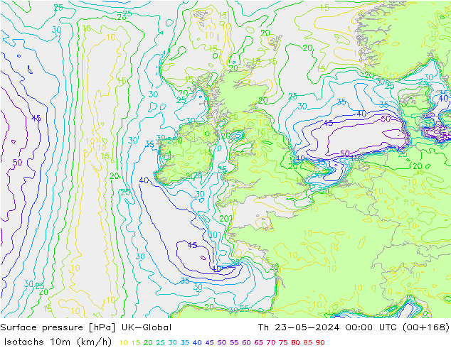 Isotachs (kph) UK-Global Th 23.05.2024 00 UTC