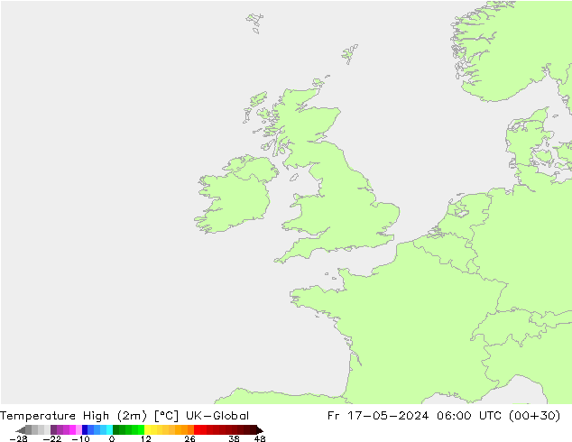 Max.temperatuur (2m) UK-Global vr 17.05.2024 06 UTC