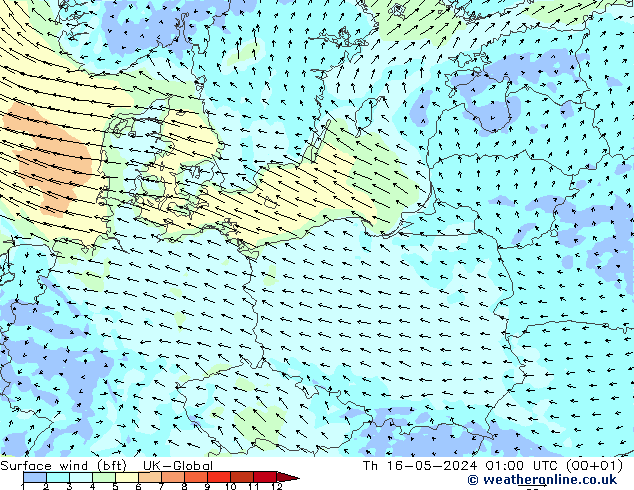 Surface wind (bft) UK-Global Th 16.05.2024 01 UTC