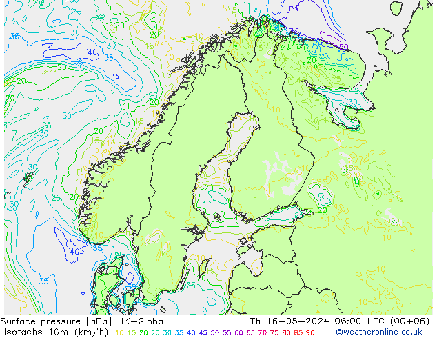 10米等风速线 (kph) UK-Global 星期四 16.05.2024 06 UTC