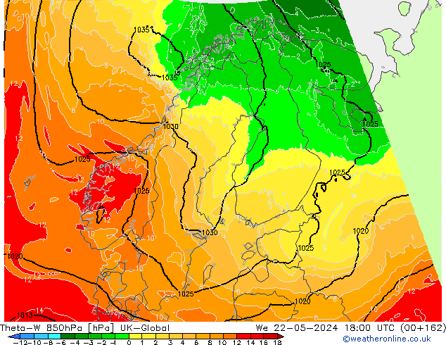 Theta-W 850гПа UK-Global ср 22.05.2024 18 UTC