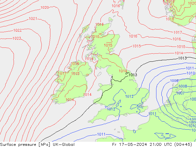 Pressione al suolo UK-Global ven 17.05.2024 21 UTC