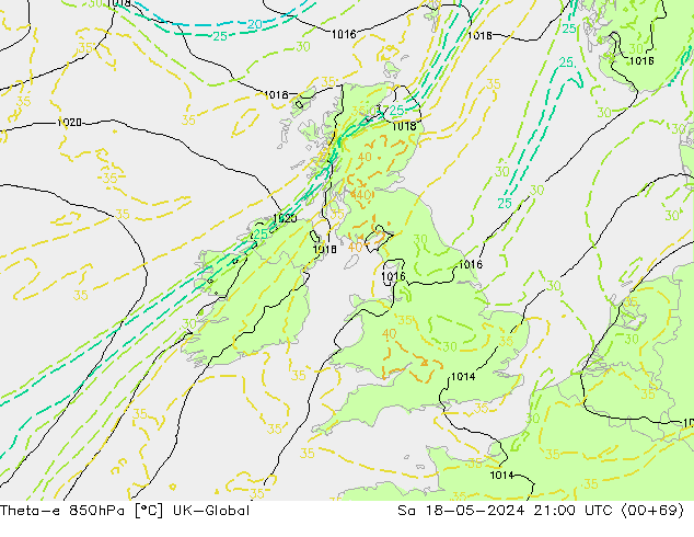 Theta-e 850hPa UK-Global Cts 18.05.2024 21 UTC