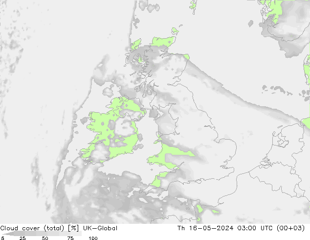 Cloud cover (total) UK-Global Čt 16.05.2024 03 UTC