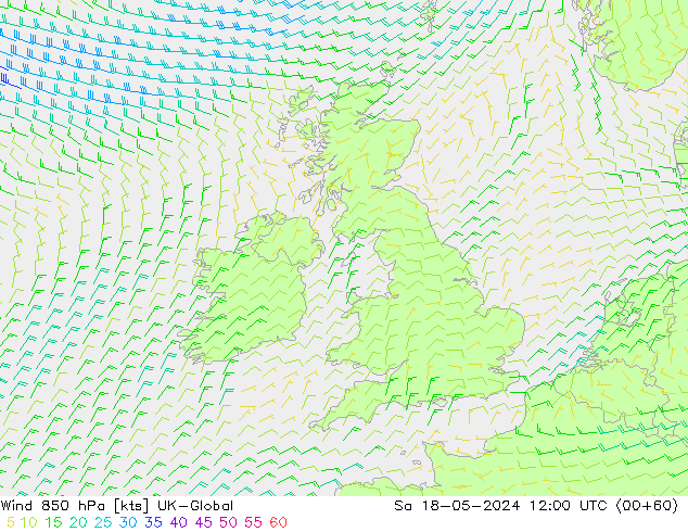 Wind 850 hPa UK-Global za 18.05.2024 12 UTC