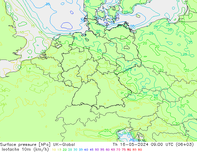10米等风速线 (kph) UK-Global 星期四 16.05.2024 09 UTC