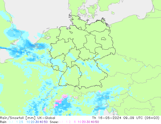 Rain/Snowfall UK-Global 星期四 16.05.2024 09 UTC