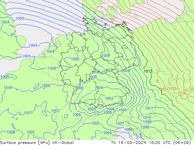Pressione al suolo UK-Global gio 16.05.2024 15 UTC