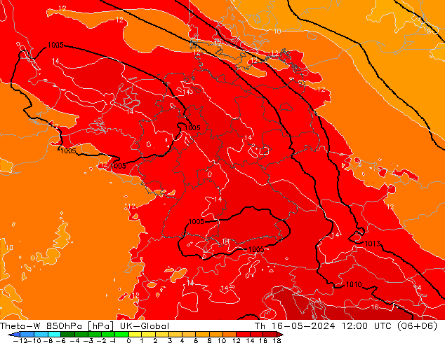 Theta-W 850hPa UK-Global jue 16.05.2024 12 UTC