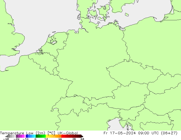 Min.temperatuur (2m) UK-Global vr 17.05.2024 09 UTC
