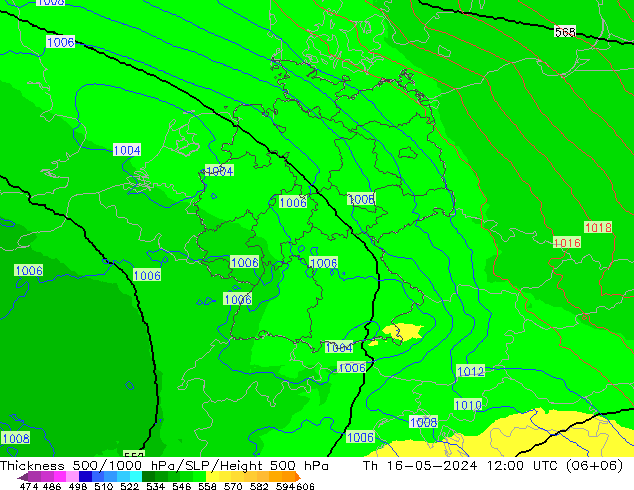 Espesor 500-1000 hPa UK-Global jue 16.05.2024 12 UTC