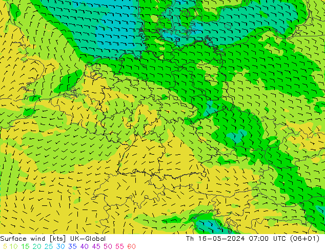 Surface wind UK-Global Th 16.05.2024 07 UTC