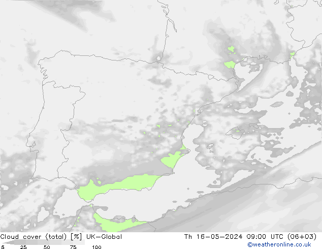 Nubes (total) UK-Global jue 16.05.2024 09 UTC