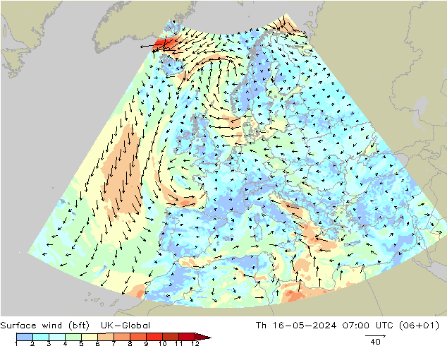 Surface wind (bft) UK-Global Th 16.05.2024 07 UTC