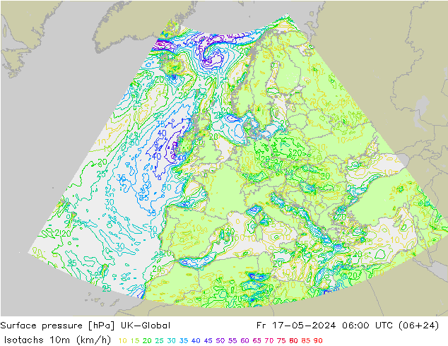 Isotachs (kph) UK-Global Fr 17.05.2024 06 UTC