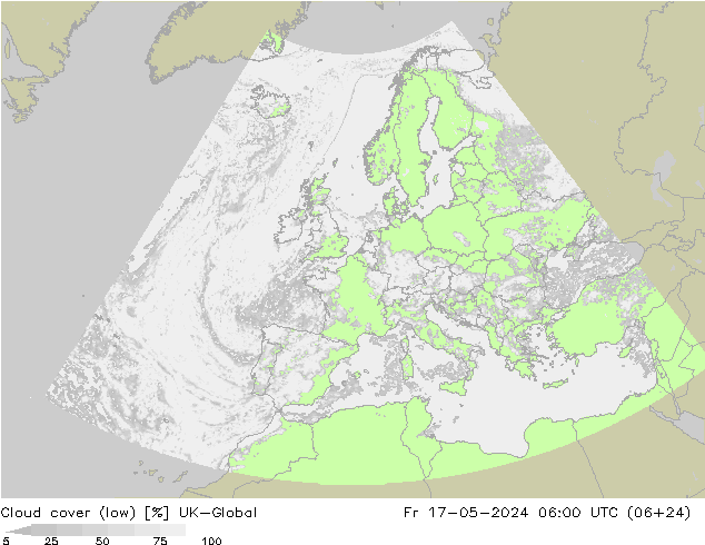 Bewolking (Laag) UK-Global vr 17.05.2024 06 UTC