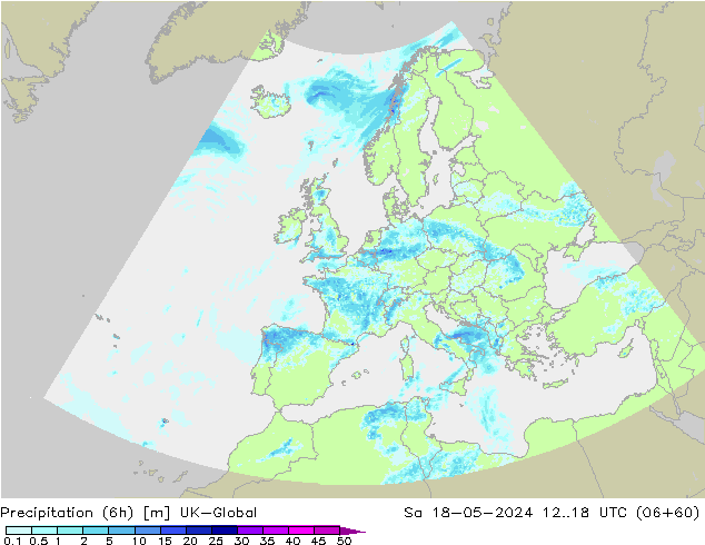 Precipitazione (6h) UK-Global sab 18.05.2024 18 UTC