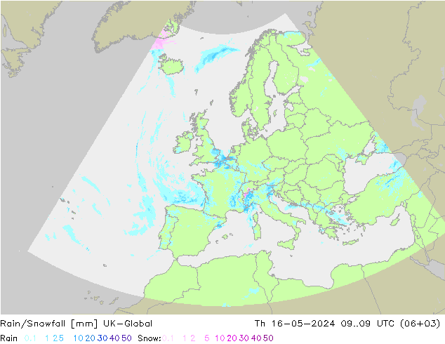 Rain/Snowfall UK-Global Th 16.05.2024 09 UTC