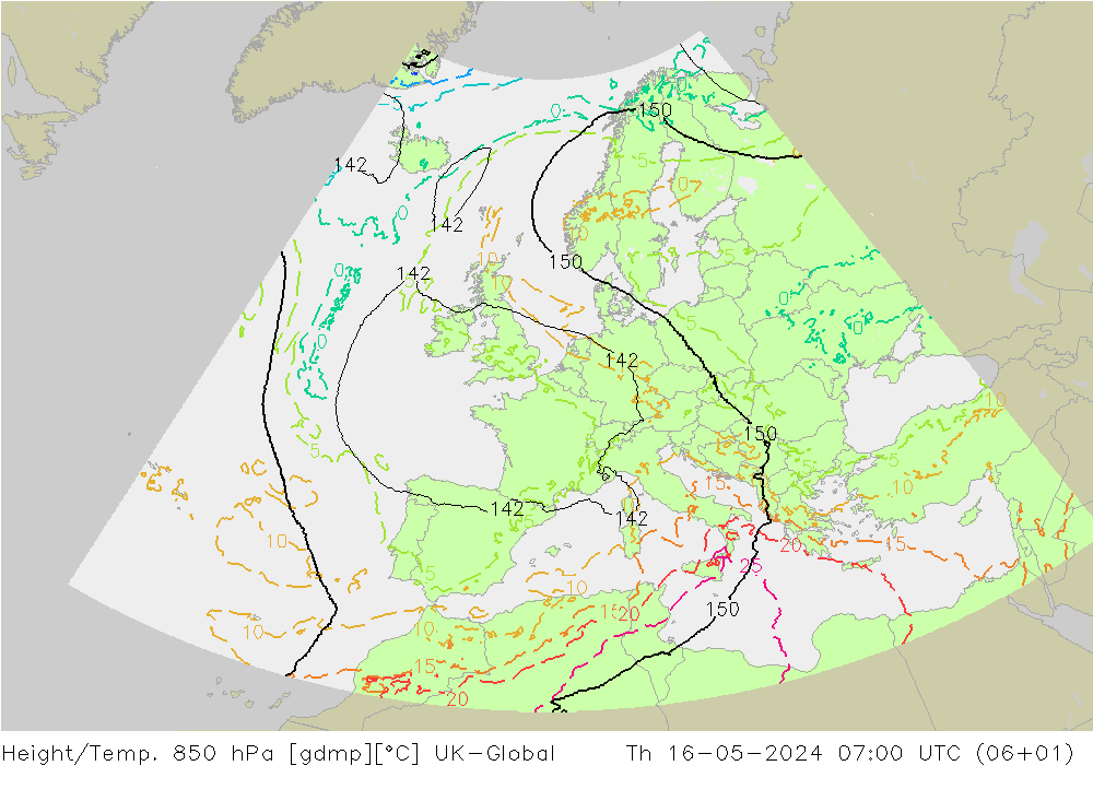 Height/Temp. 850 hPa UK-Global Th 16.05.2024 07 UTC