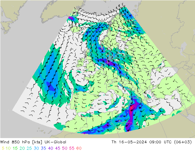 Wind 850 hPa UK-Global Do 16.05.2024 09 UTC