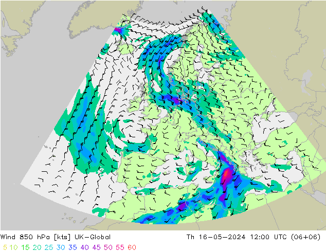 Wind 850 hPa UK-Global Th 16.05.2024 12 UTC