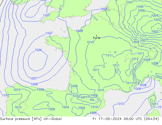 Surface pressure UK-Global Fr 17.05.2024 06 UTC